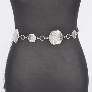 Antique Silver Metal Chain Belt W/Turquoise